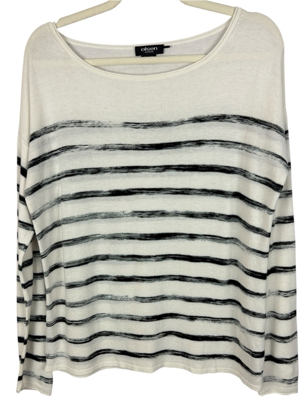 Olsen Europe Striped Knit Sweater White Black M-L / 12 Scoop Neck Long Sleeve
